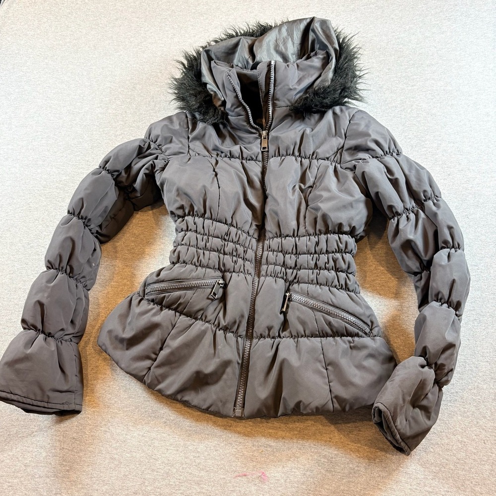 Maralyn & Me Puffer Jacket Womens Size M Black Faux Fur Hood Cinched Waist - Picture 2 of 7
